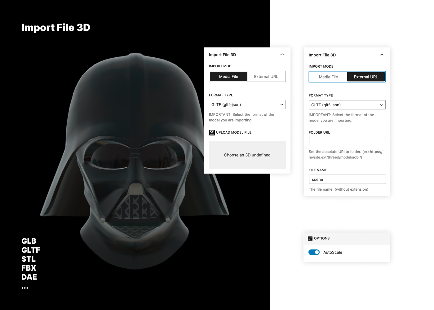 MEDIA: Easy import any 3D object file via Media Library, it works also with 3D zip folders, or with the URL of the remote media (using it with CDN)