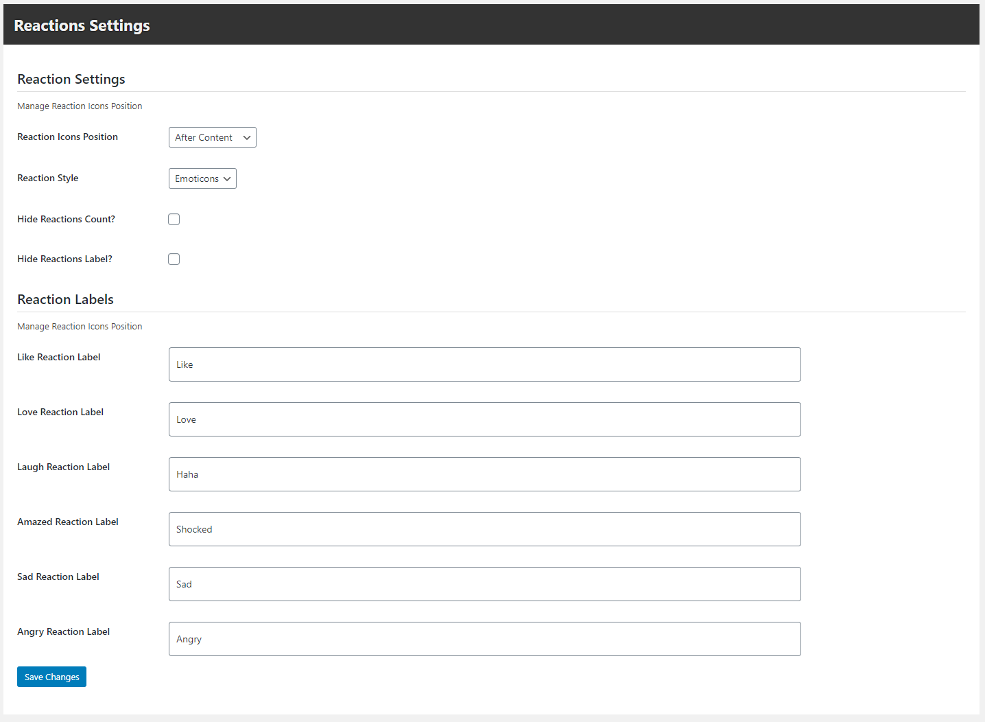 Plugin Configuration - Reactions Settings Page