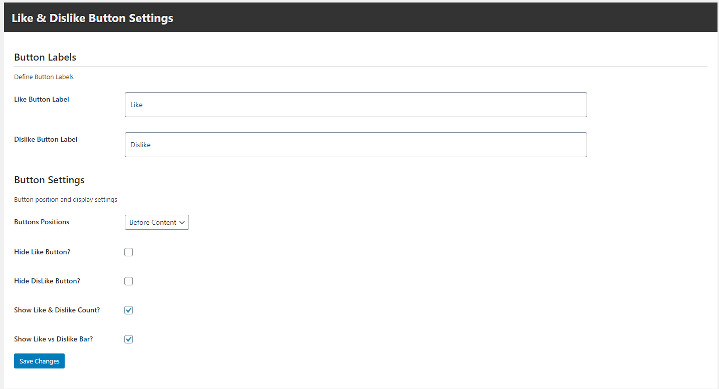 Plugin Configuration - Like & Dislike Button Settings