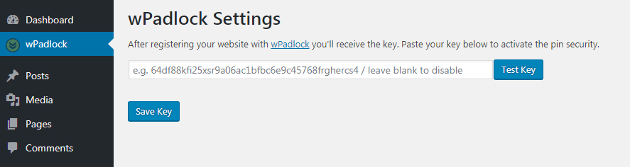 Enter the key provided at https://wpadlock.com in order to use the PIN protection. Registration and setup is quick and easy.