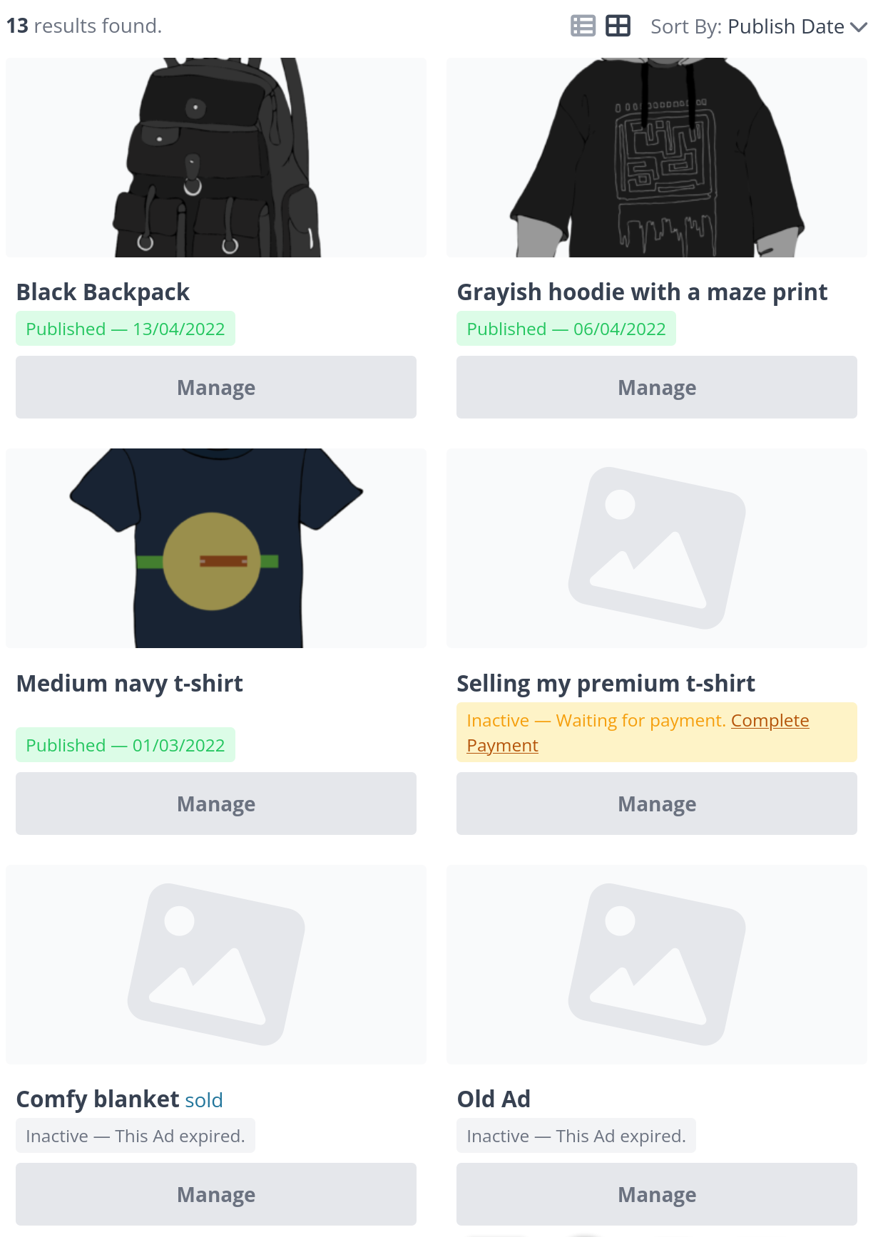 Ads Search and List blocks displayed in a list mode.