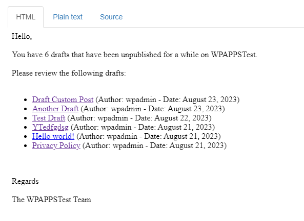 Example of an email notification with a list of old drafts