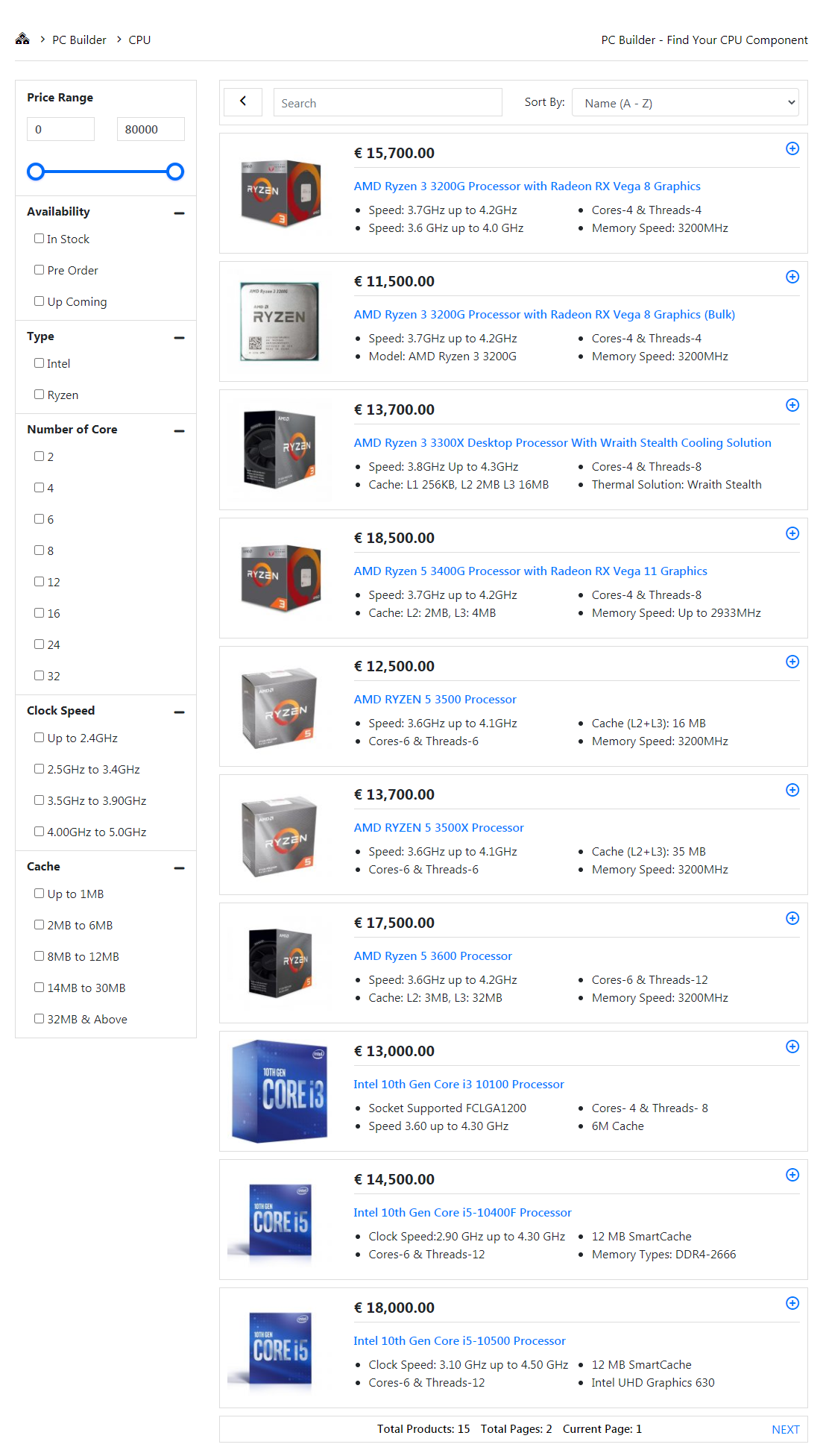 Component product search page