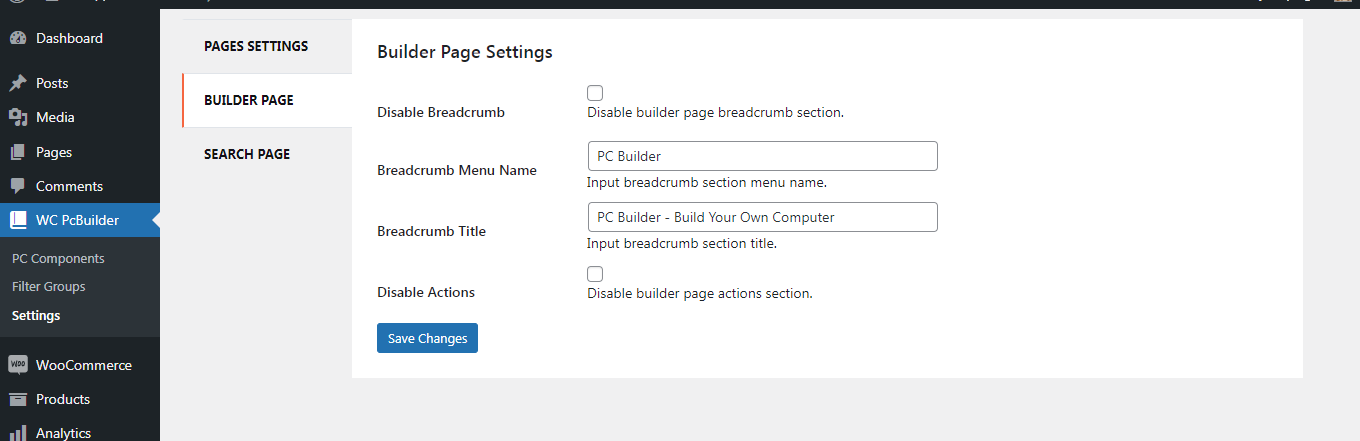 Settings page