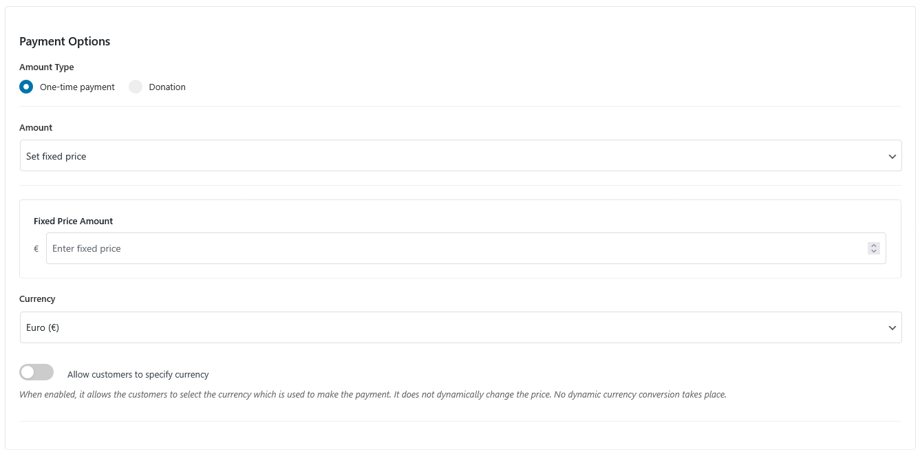 Payment form options: Adjust settings and choose input fields for your forms.
