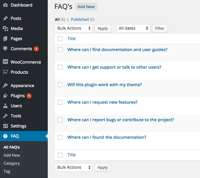 All FAQ's in admin.