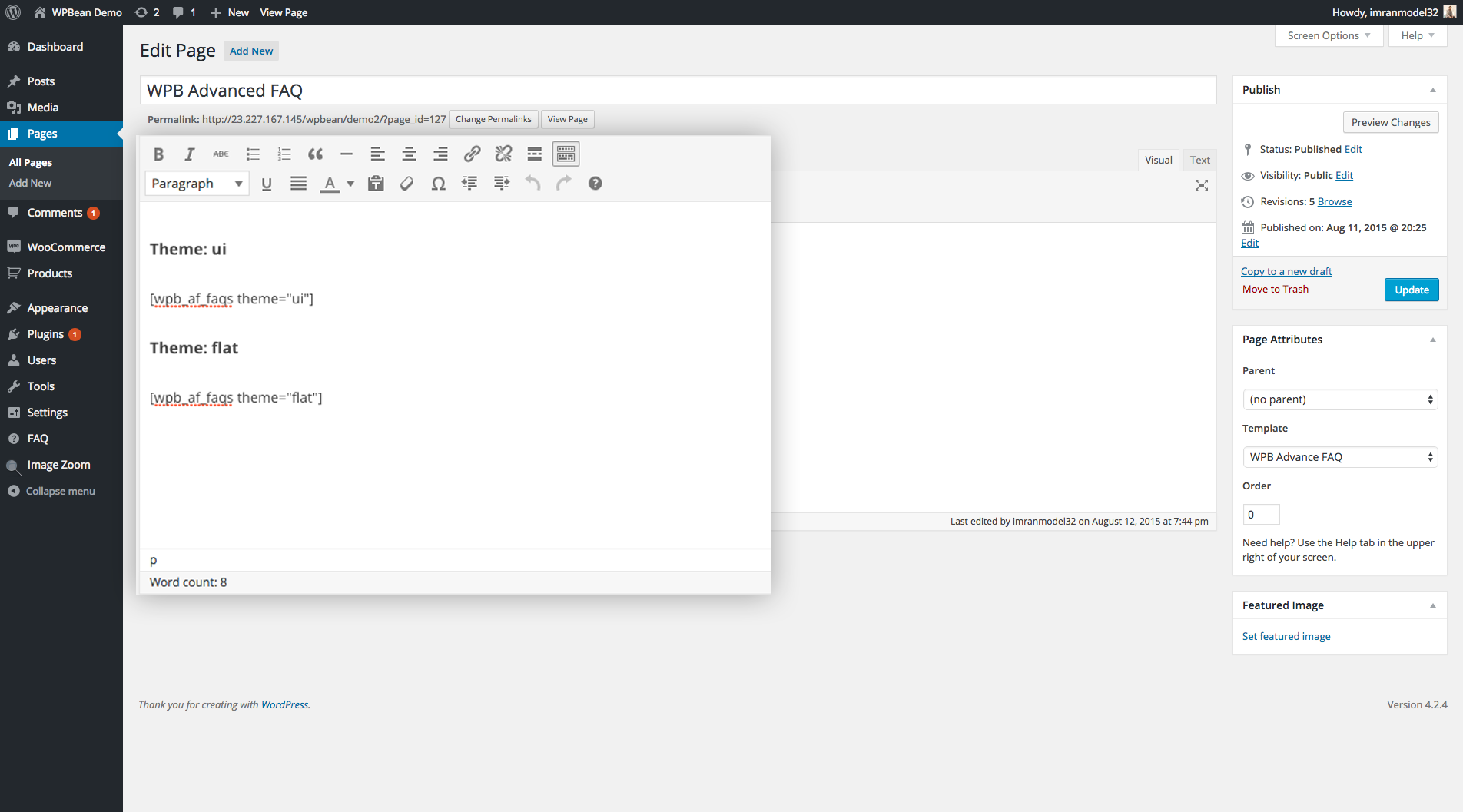 Using FAQ shortcode in page.