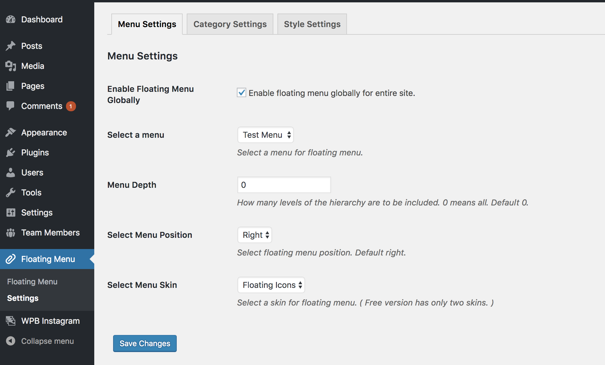 Floating menu settings.