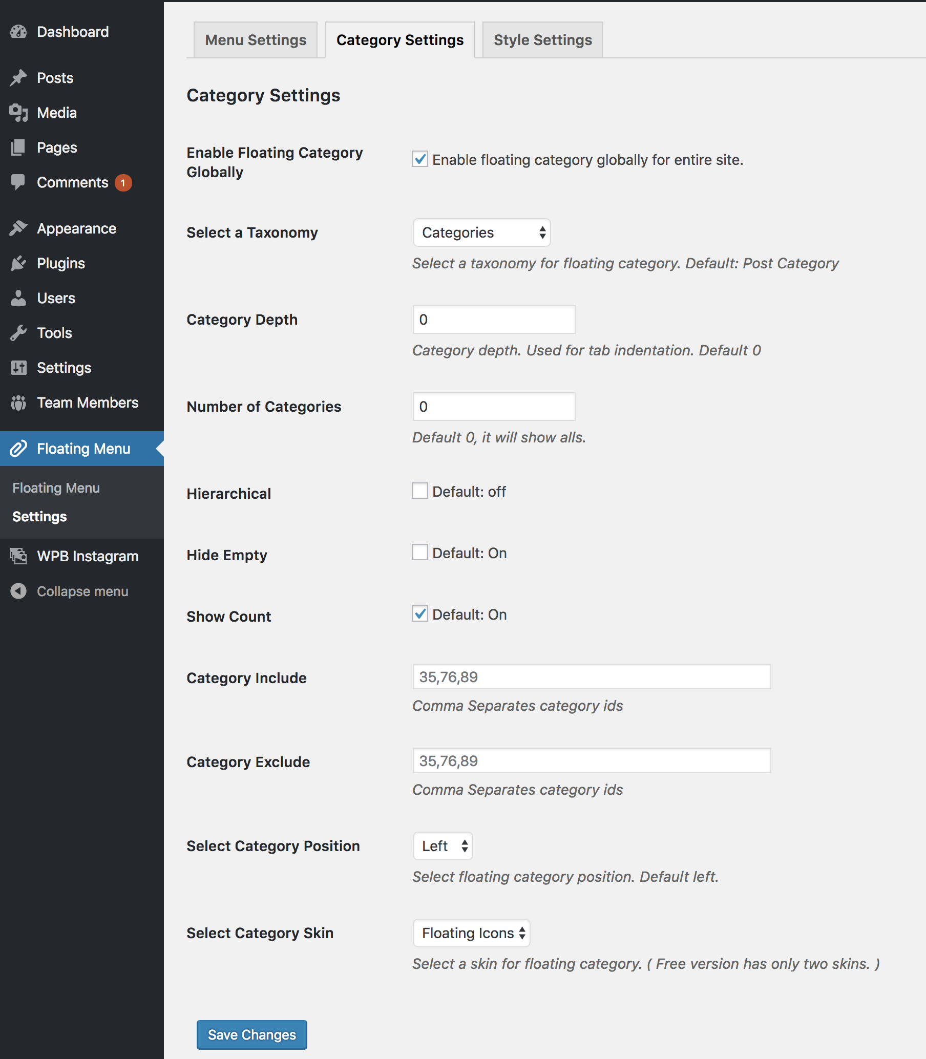 Floating category settings.
