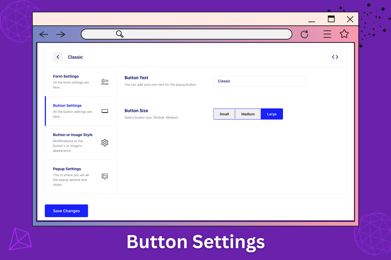 Admin dashboard for popup button settigns.