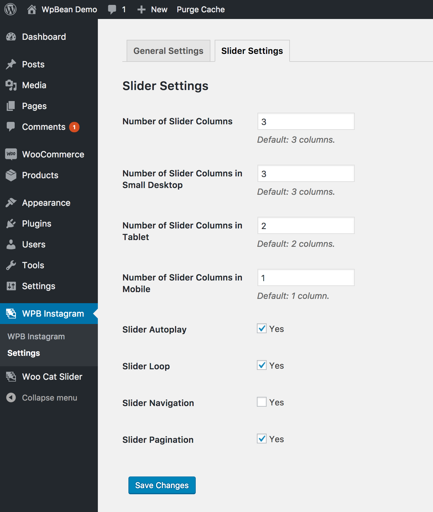 WPB Instagram Gallery Slider and Grid slider settings