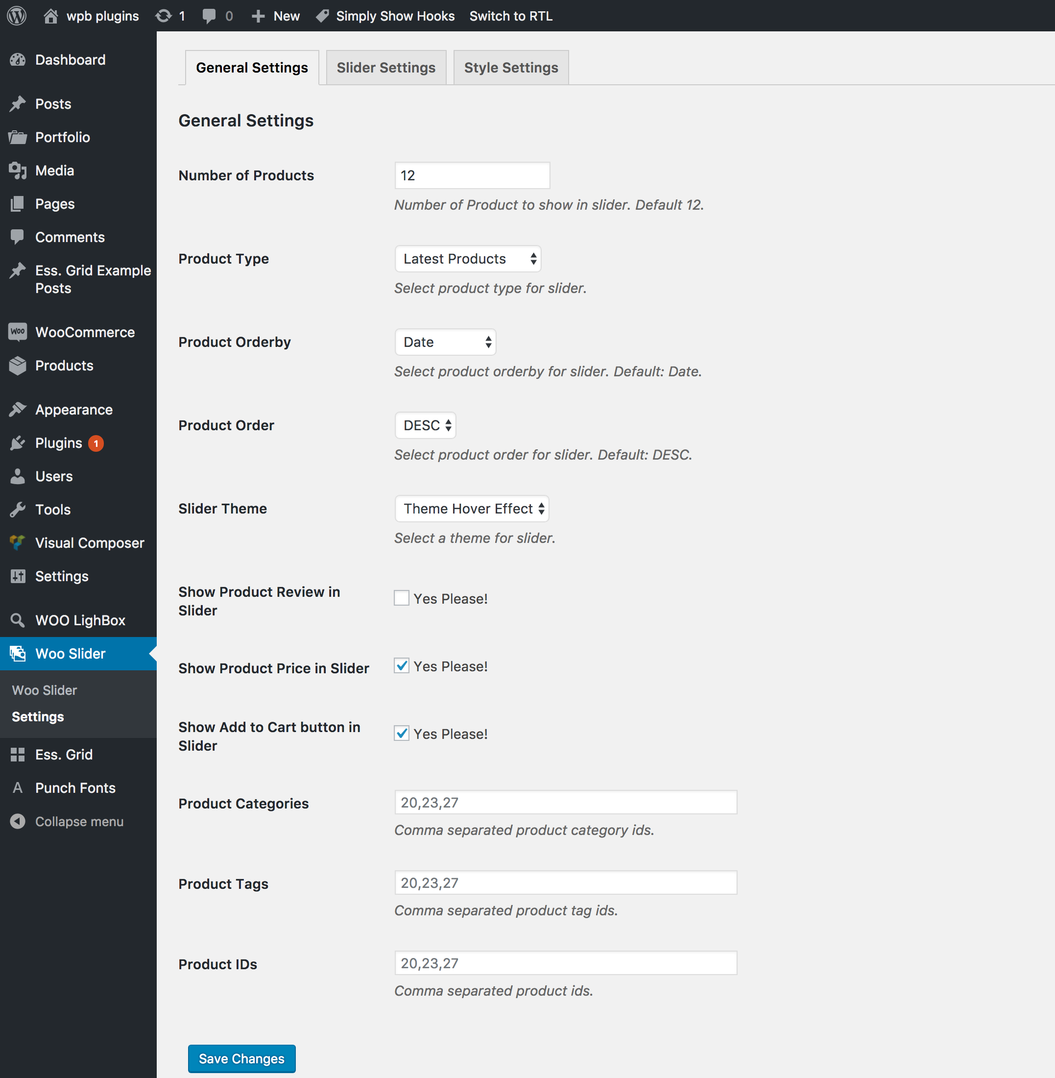 WPB Product Slider for WooCommerce general settings