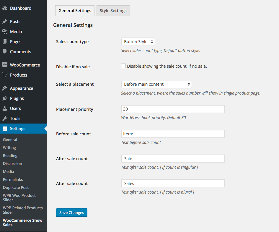 WPB Show Product Sales Number for WooCommerce general settings.