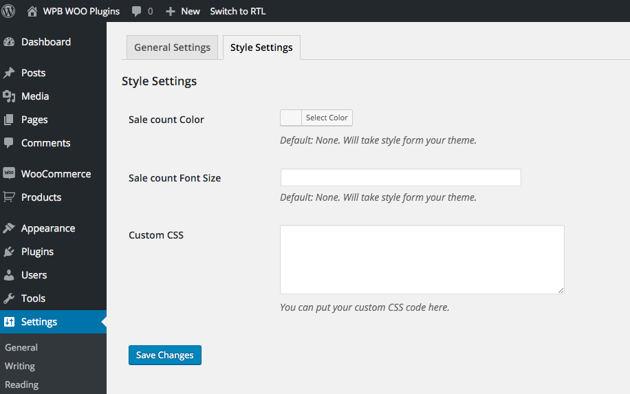 WPB Show Product Sales Number for WooCommerce style settings.