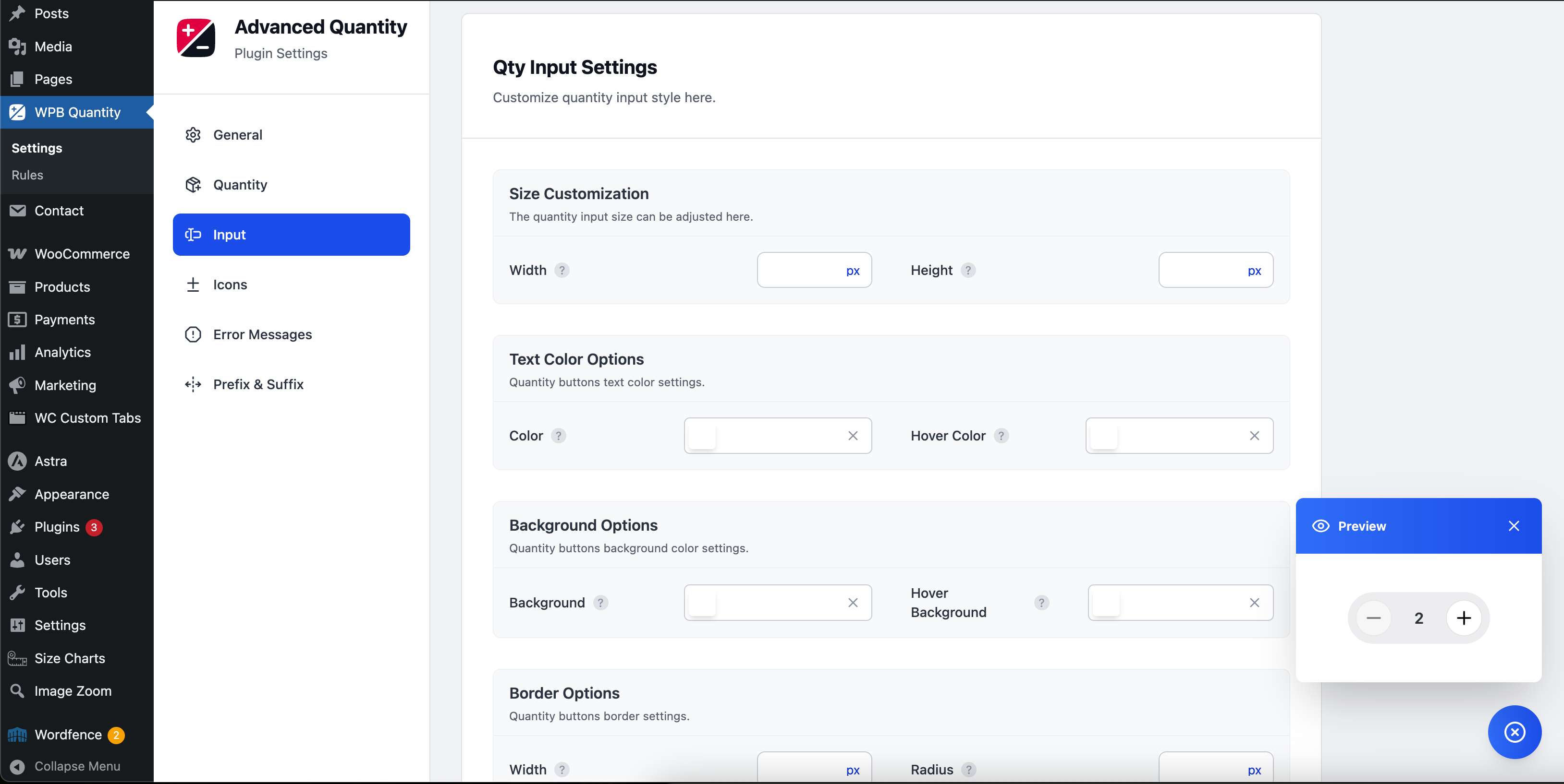 Settings panel — Styling options