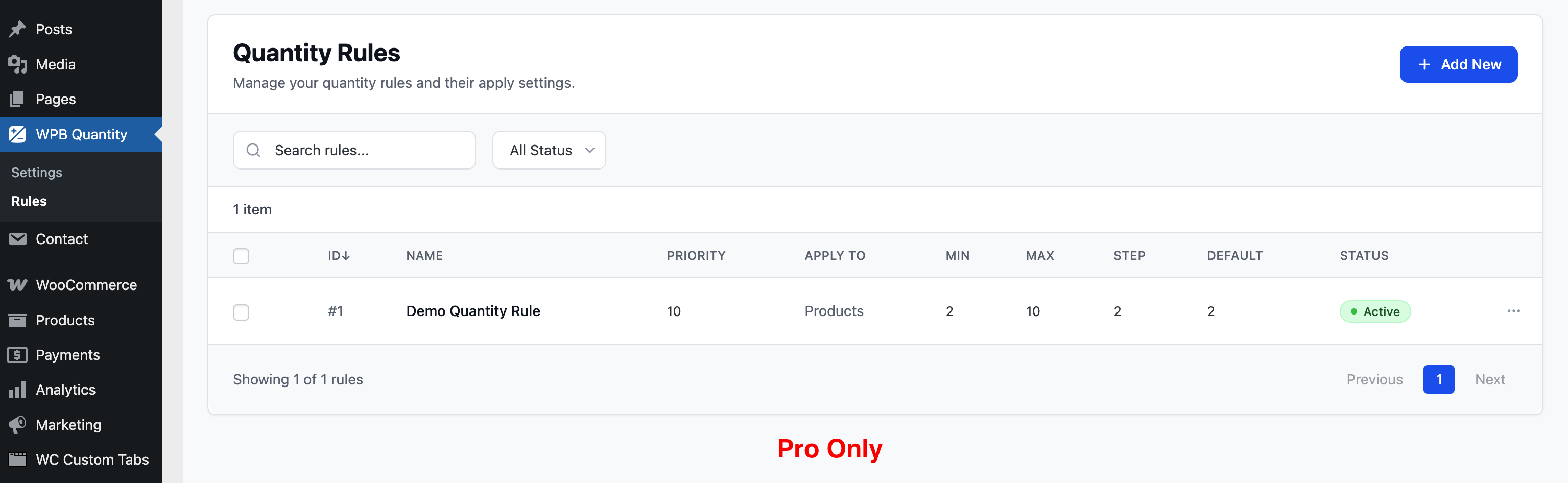 Quantity Rules list — manage all your rules (Pro)