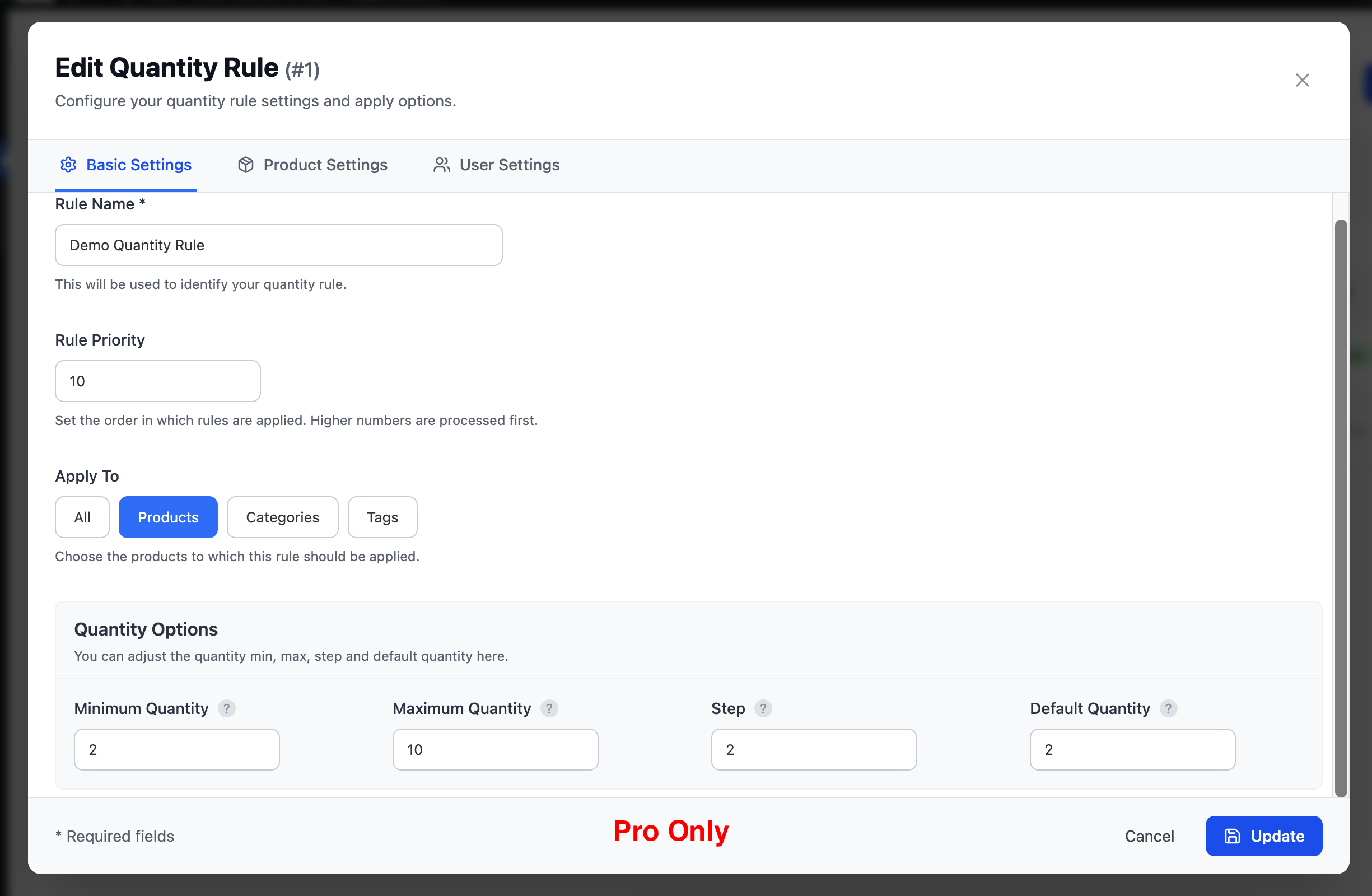 Edit Quantity Rule — Basic Settings with Min, Max, Step, Default (Pro)