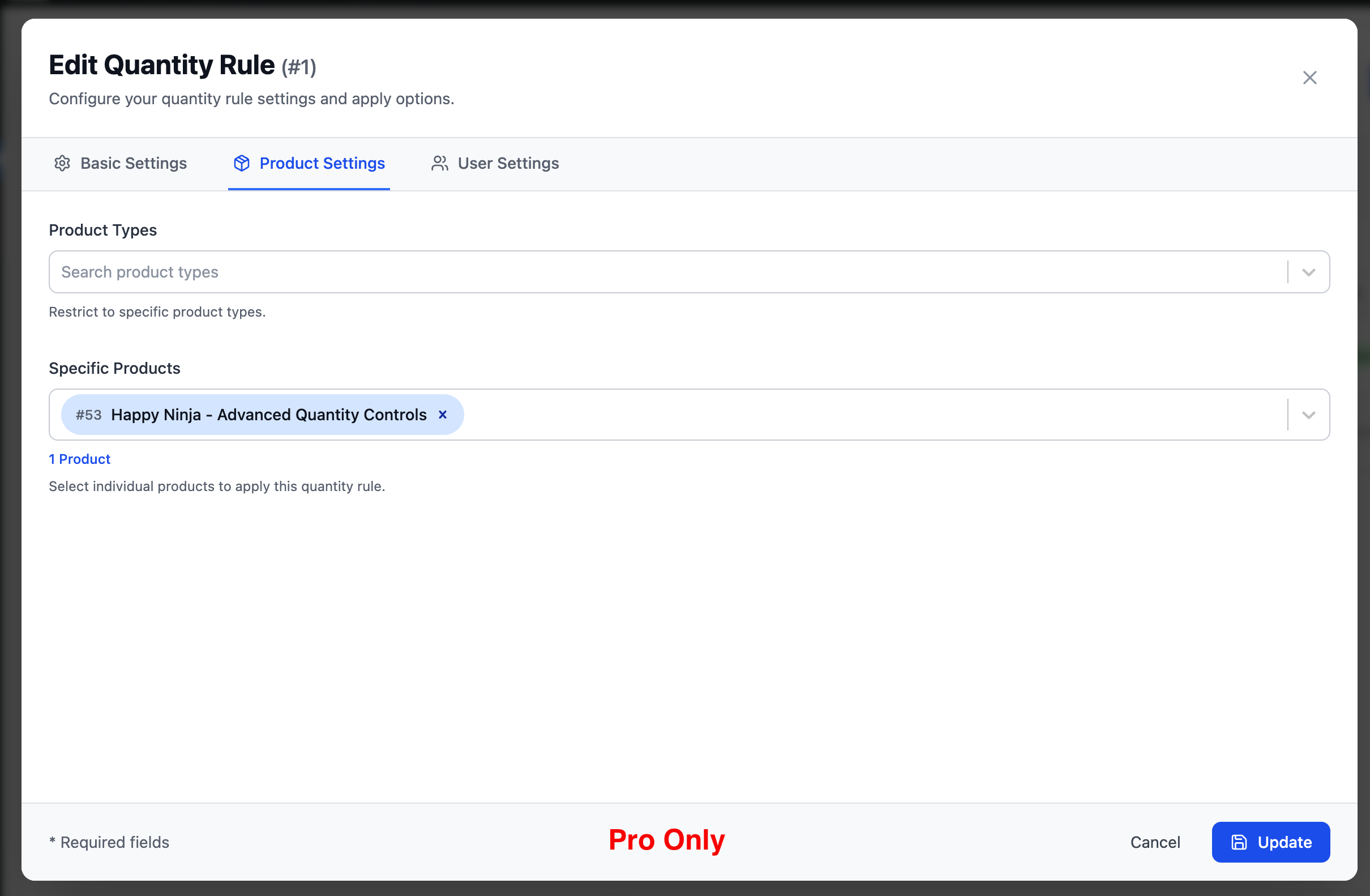 Edit Quantity Rule — Product Settings, target specific products (Pro)