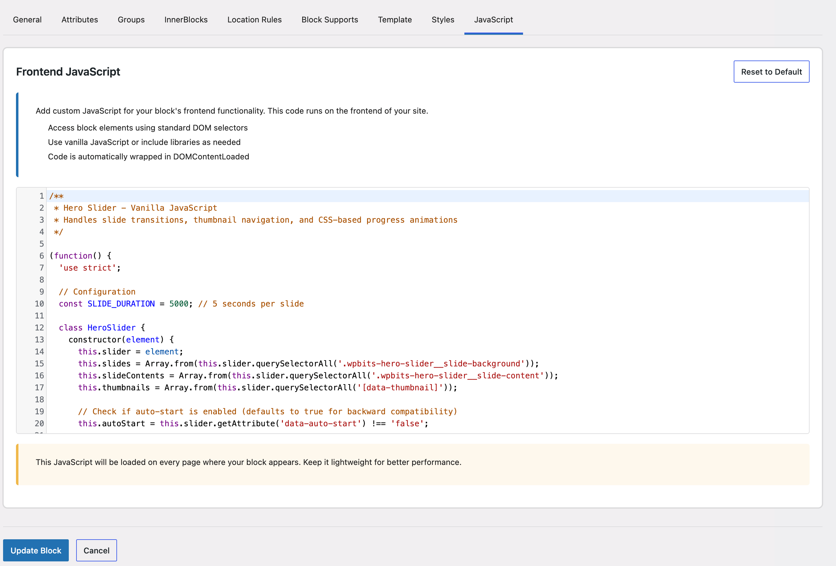 Block Form – Create and edit blocks with tabbed interface and validation