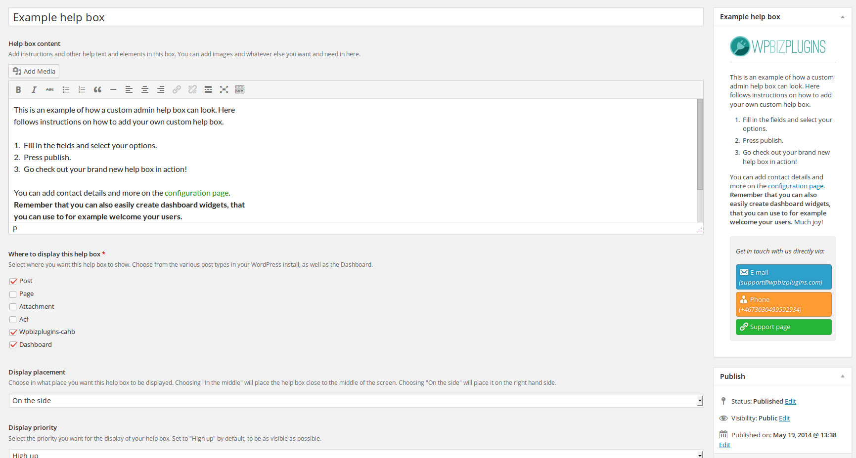 Shows the custom help box in the example being edited. Also shows the custom help box in action to the right.