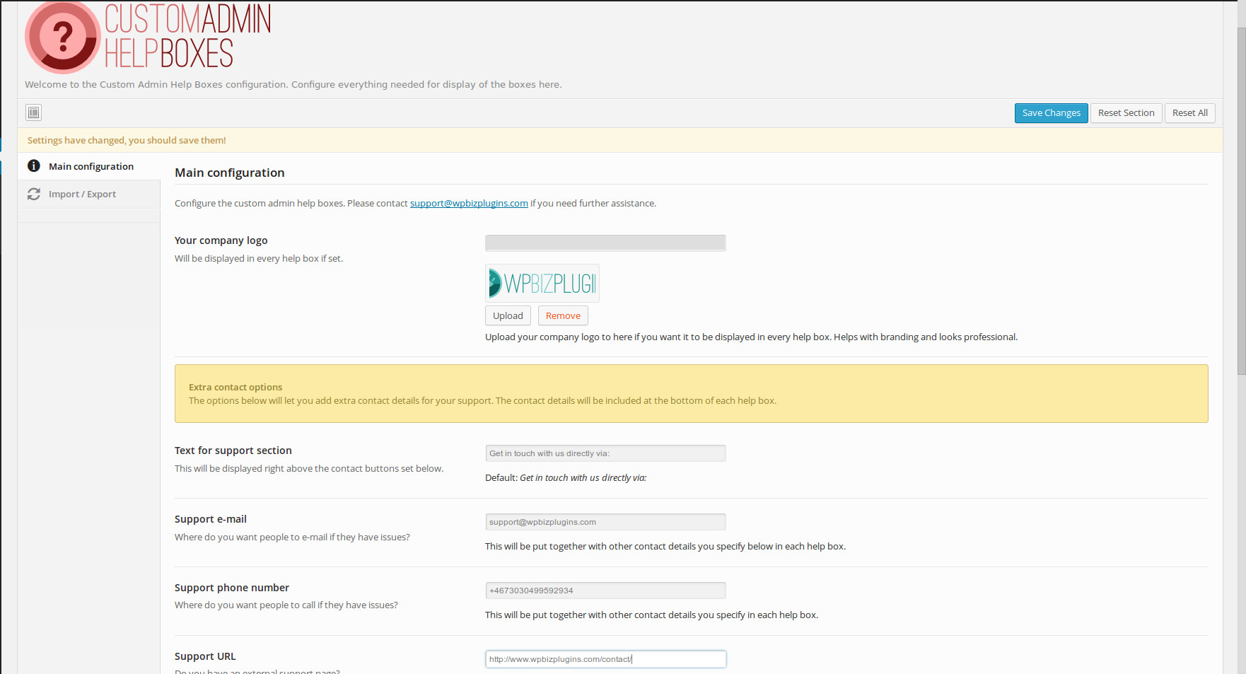 The configuration of the Custom Admin Help Boxes plugin. Few but powerful options! Lets you easily add your company logo, and support e-mail/phone/external URL, to automatically appear in every help box you create.