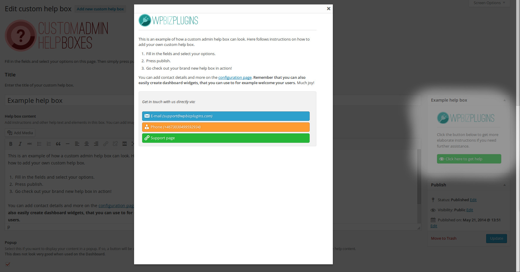 The popup mode enabled and in action. Perfect for longer and more comprehensive help content.
