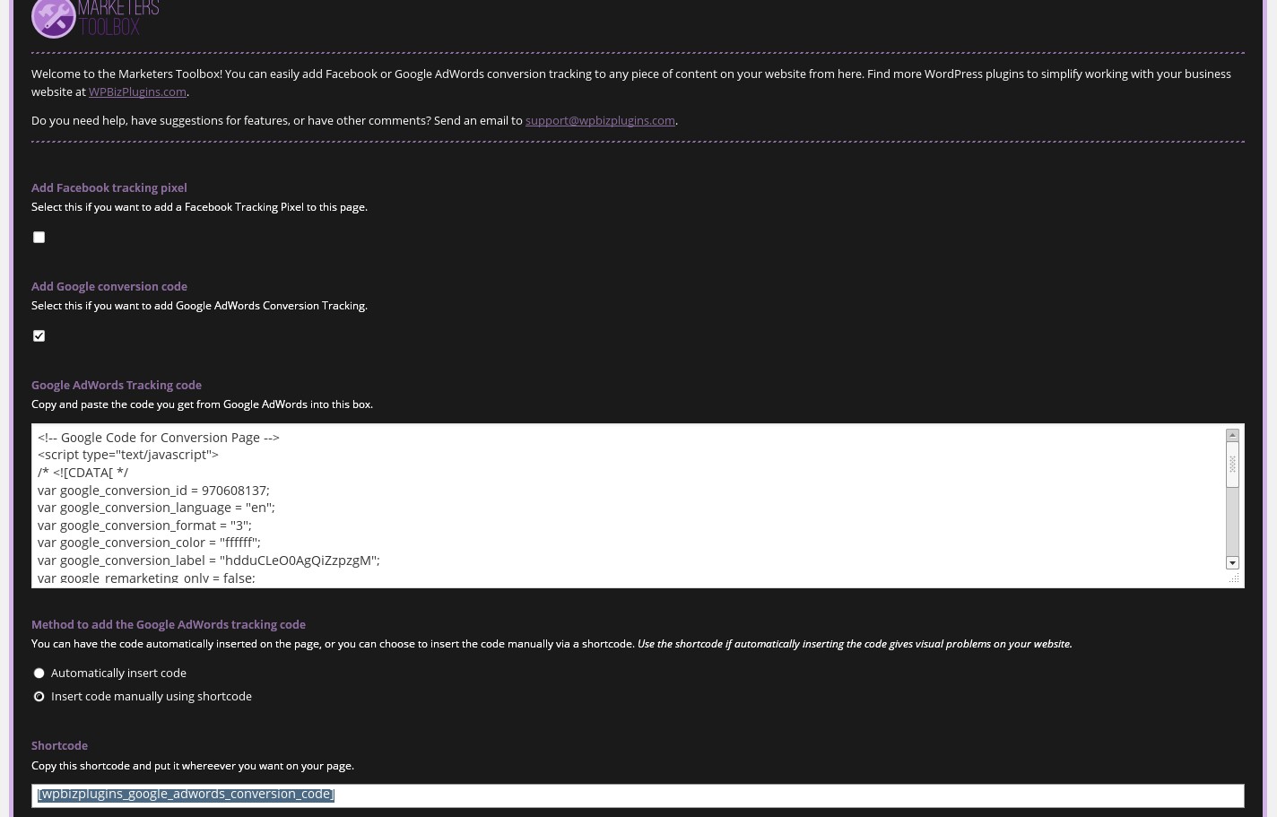 Shows the Marketers Toolbox with a Google AdWords conversion script, and with the option to output the script via shortcode selected.