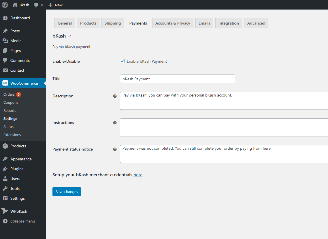 Woocommerce bKash Payment Gatway settings