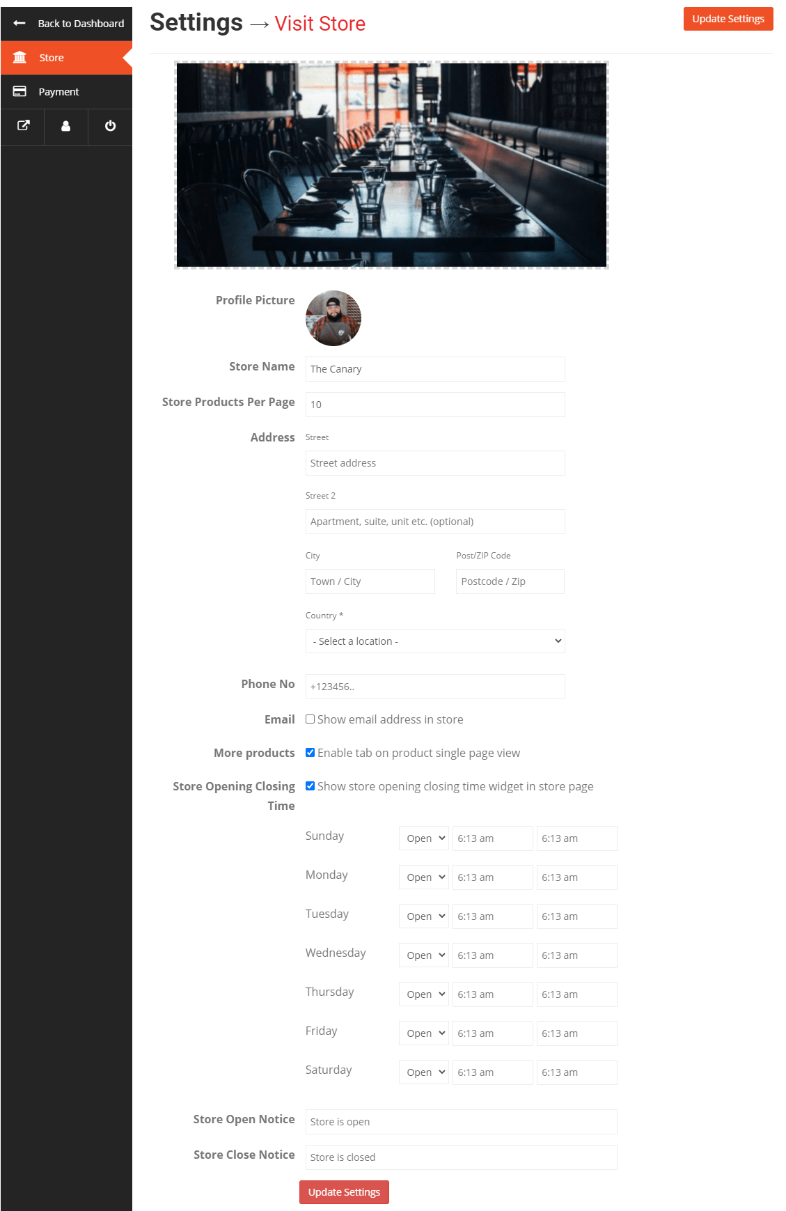 Vendor Store Settings