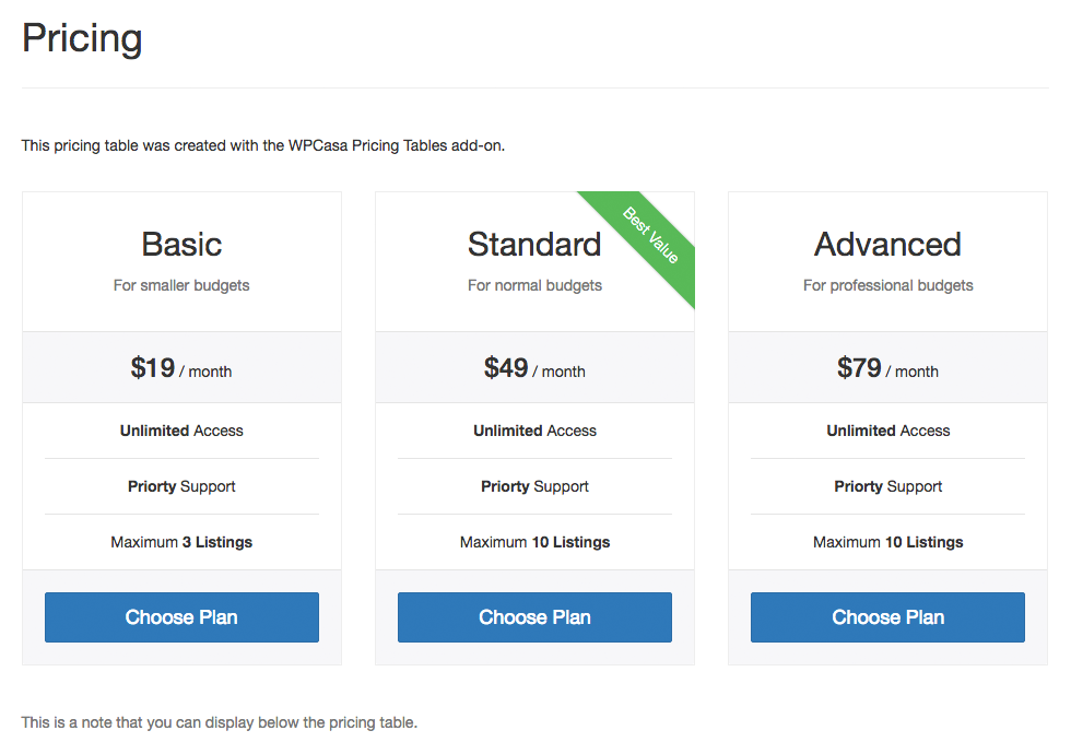 Pricing table output (Bootstrap example)