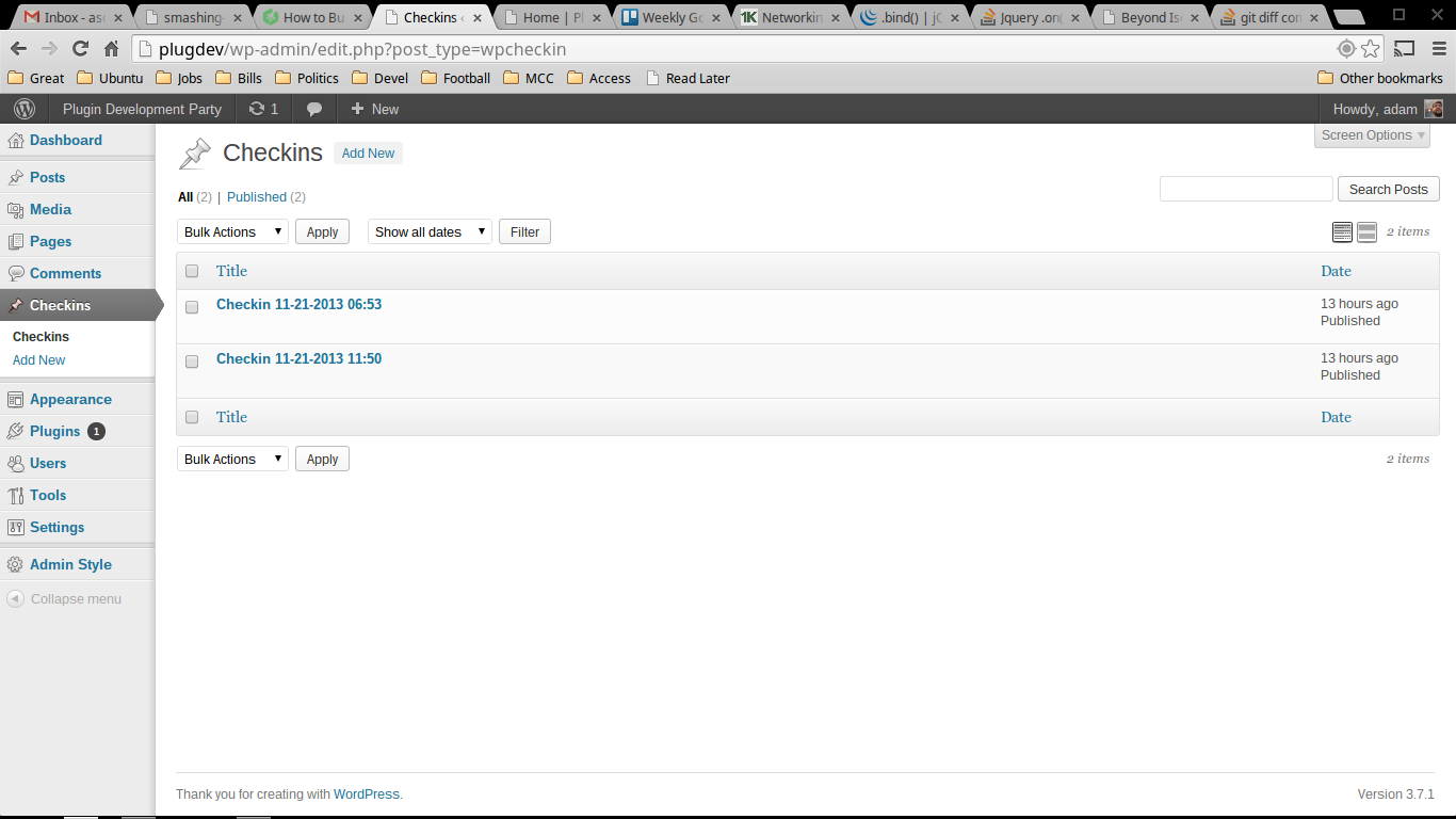 View individual checkin posts on the Checkins type page.