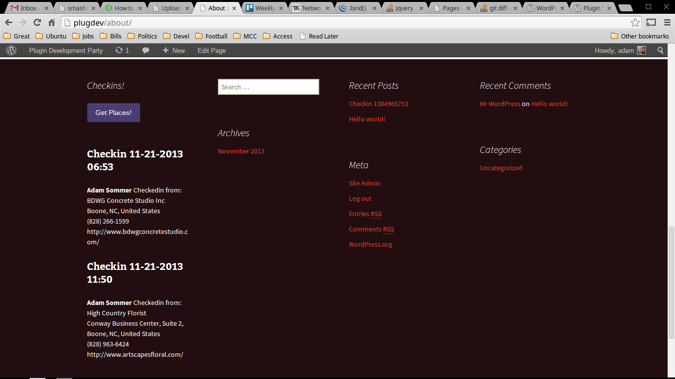 WPCheckin in action with the twenty thirteen theme.
