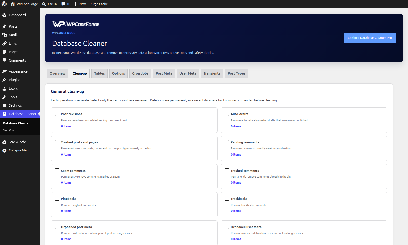 Additional Database Cleanup options and administrator controls.
