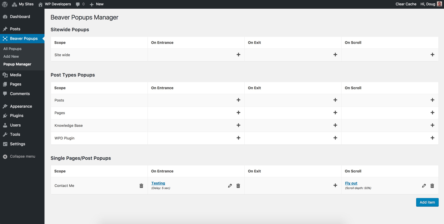 The popup manager dashboard