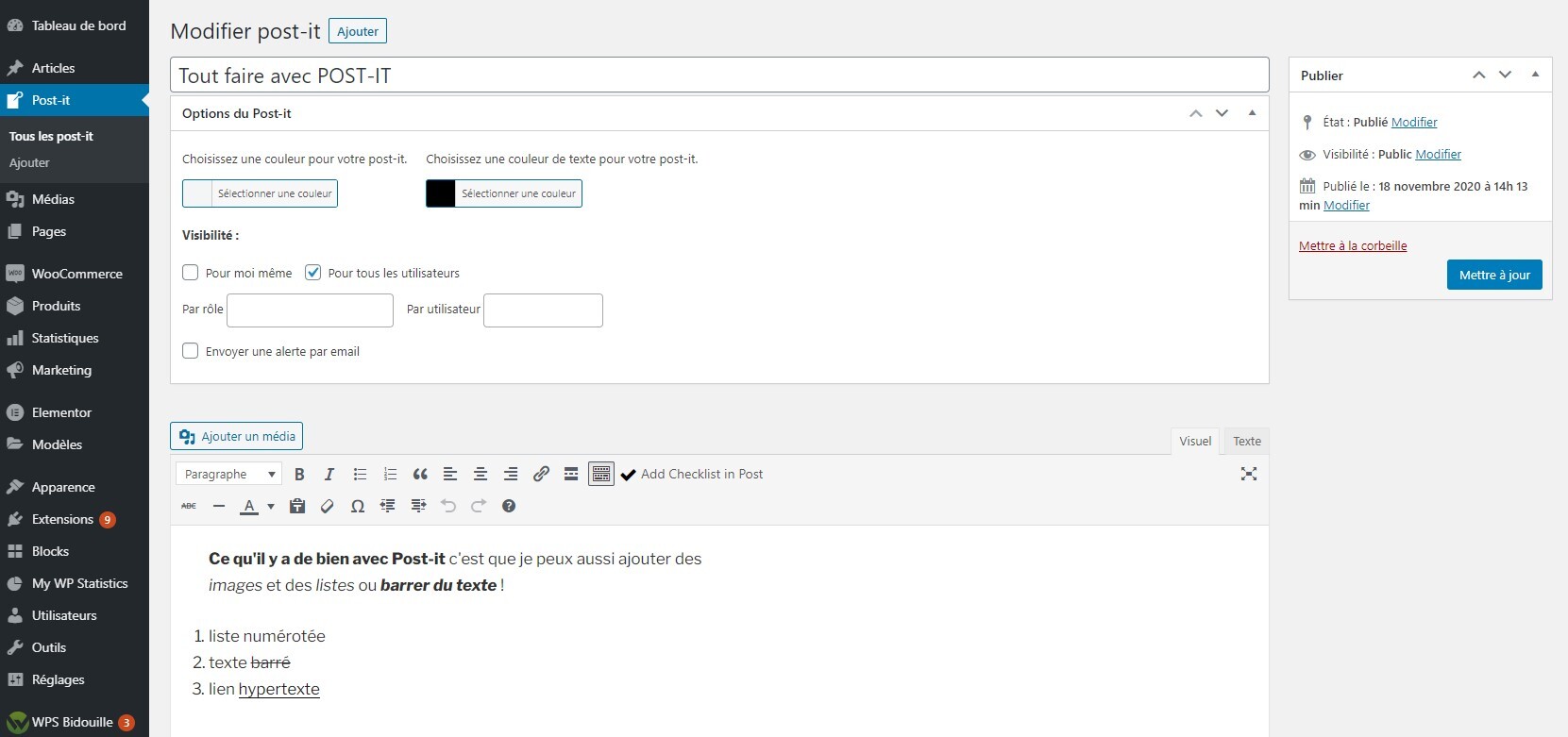Ajouter ou modifier une note, choisir le titre, la couleur, la visibilité et l'envoi de mail