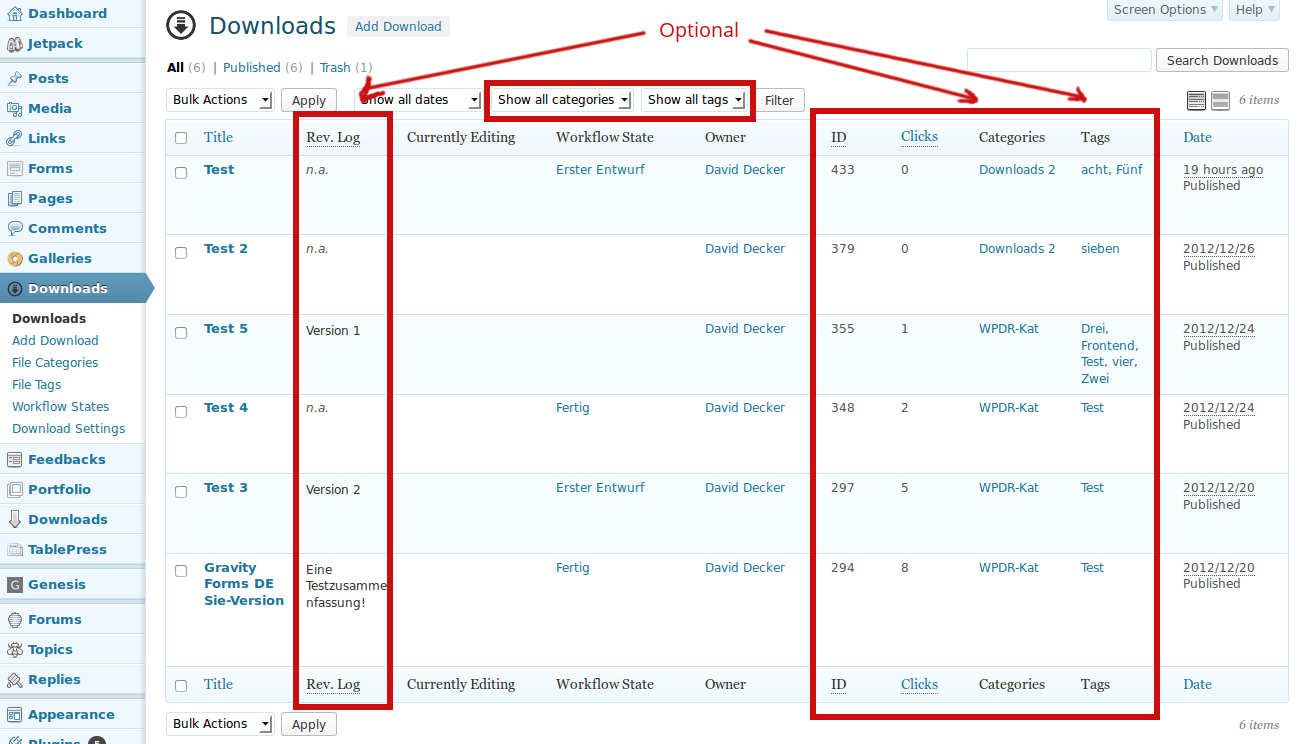 Admin "Downloads" table with additional stuff added by add-on
