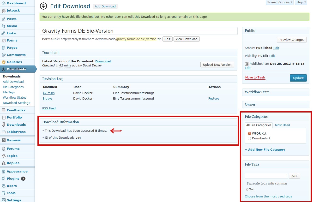 Edit "Download" view with additional stuff added by add-on