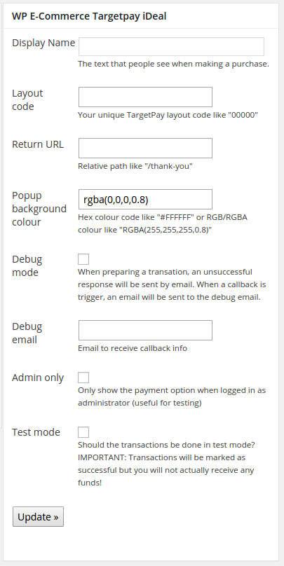 This screenshot shows the options available for this payment gateway in your Store settings > Payment gateways area.