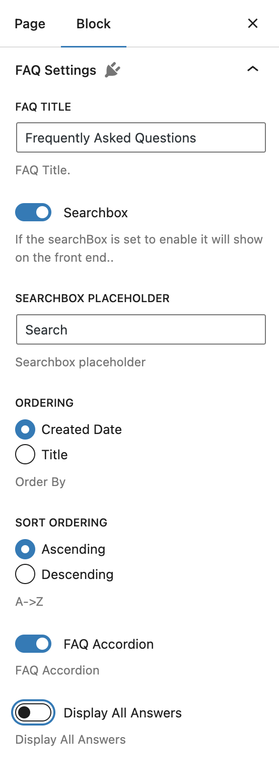 WPFAQBlock Settings Panel
