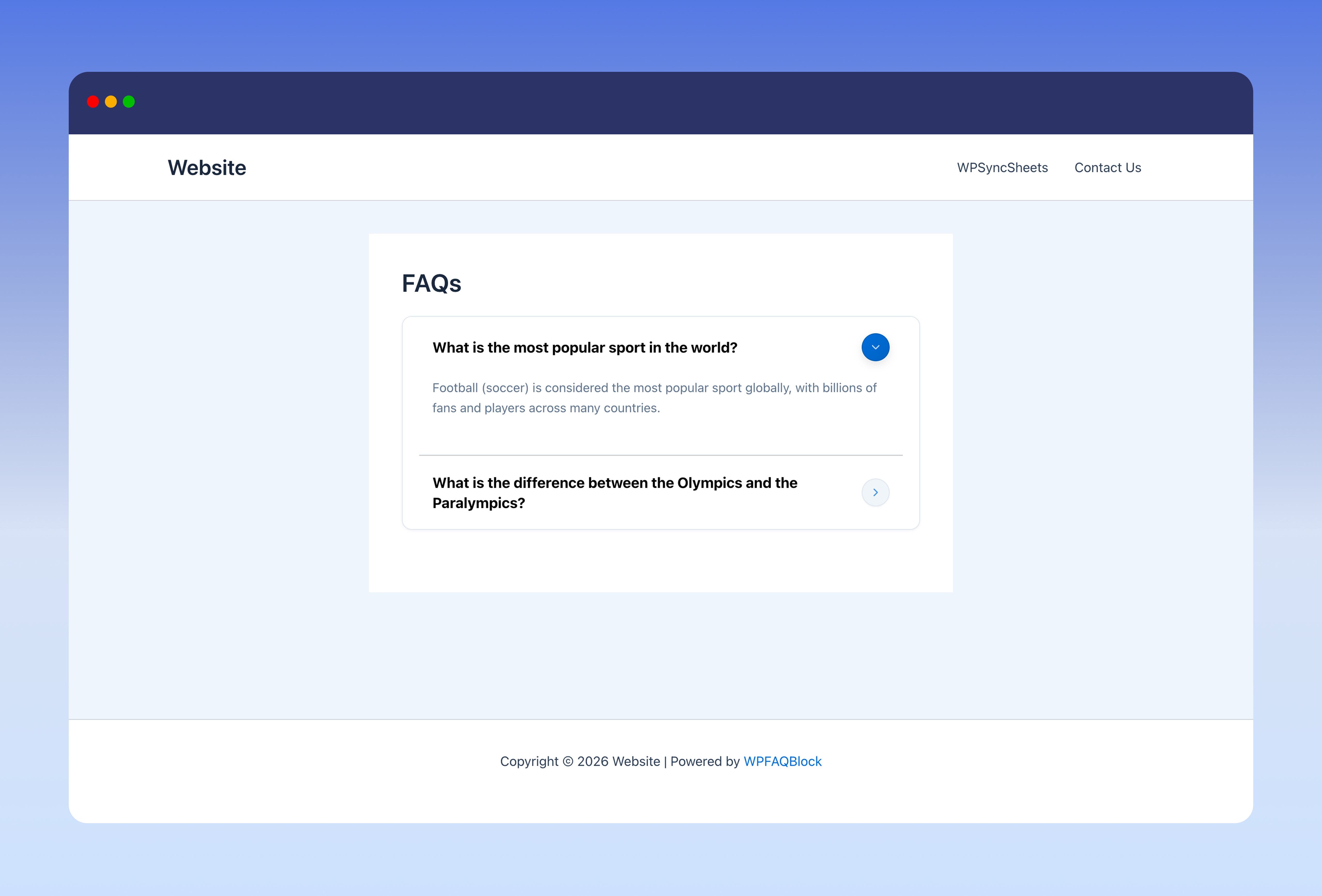 Frontend FAQ accordion output with accessible expand and collapse behavior.