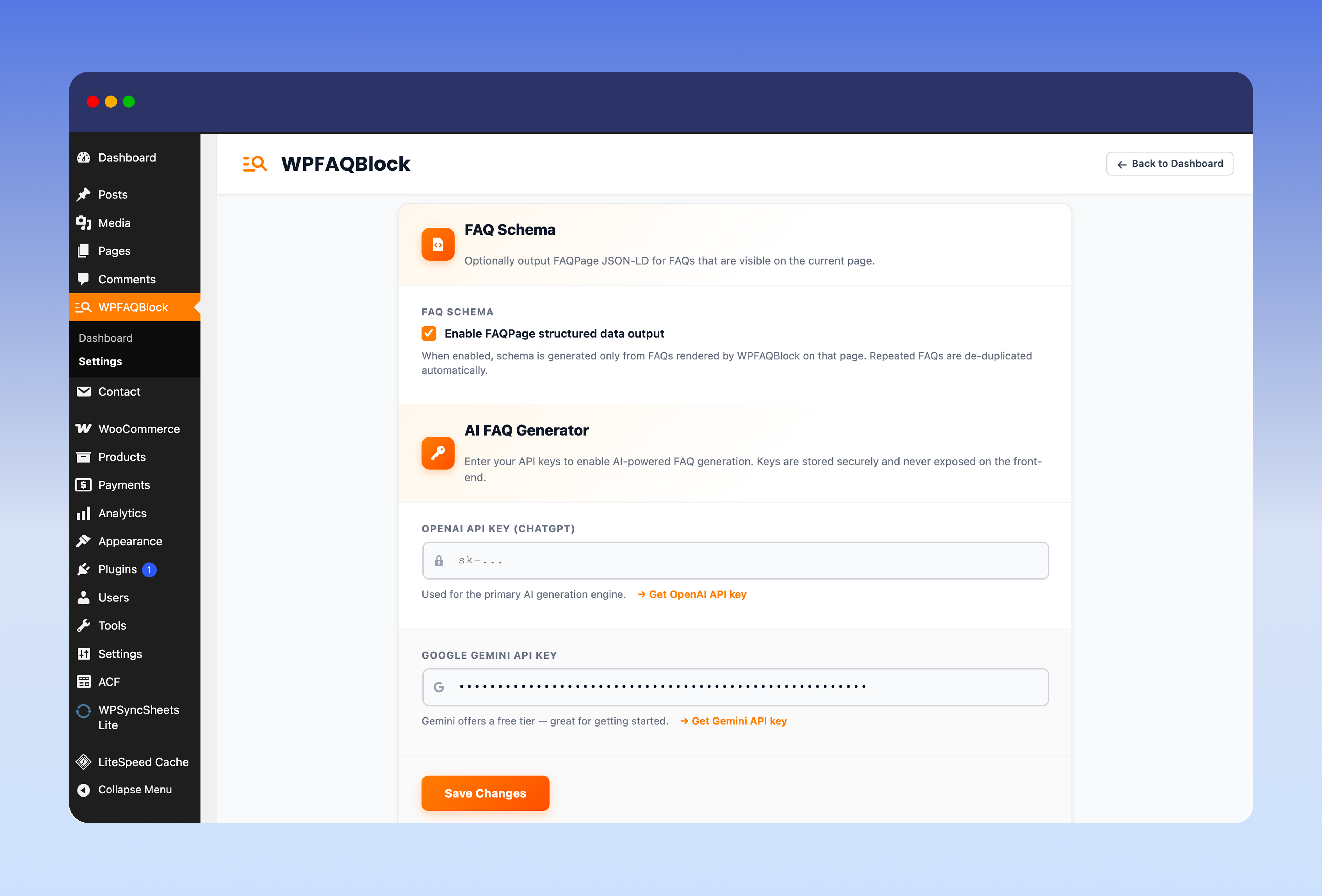 FAQ Schema and API key settings.