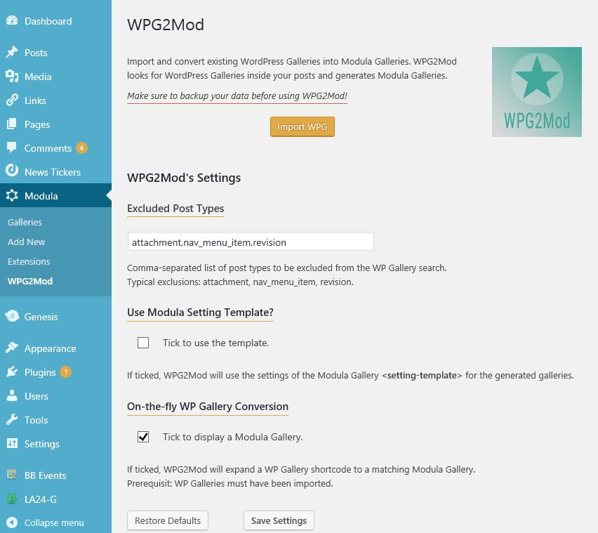 WPG2Mod's options and settings page.