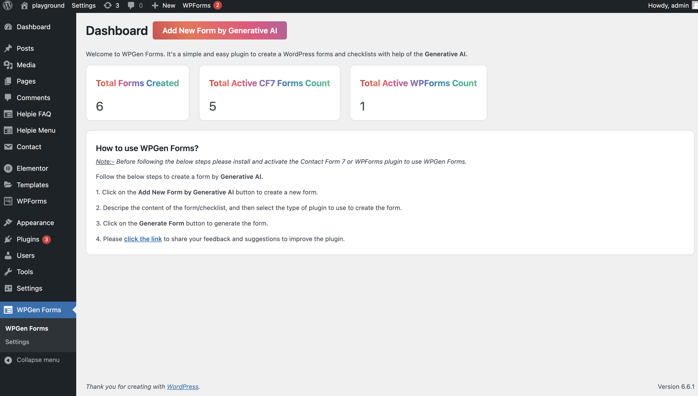Dashboard - WPGen Forms plugin dashboard