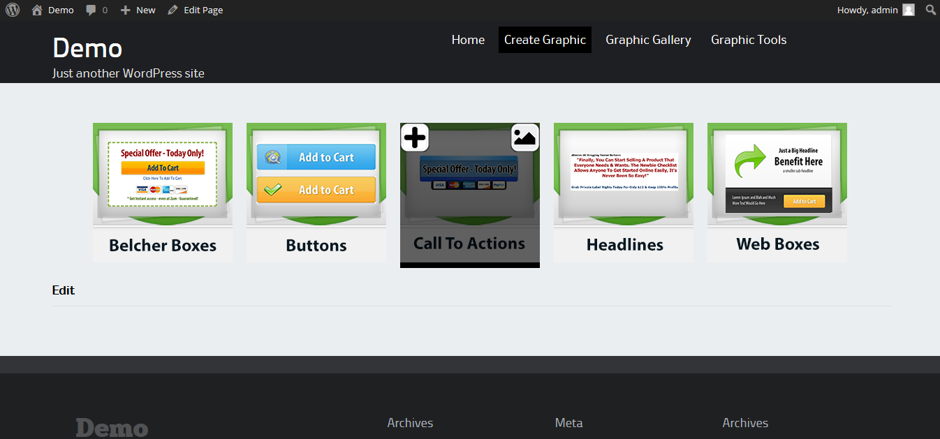 Members area, select create or view gallery options on hover.