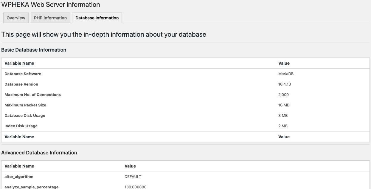 Plugin Database Info page.