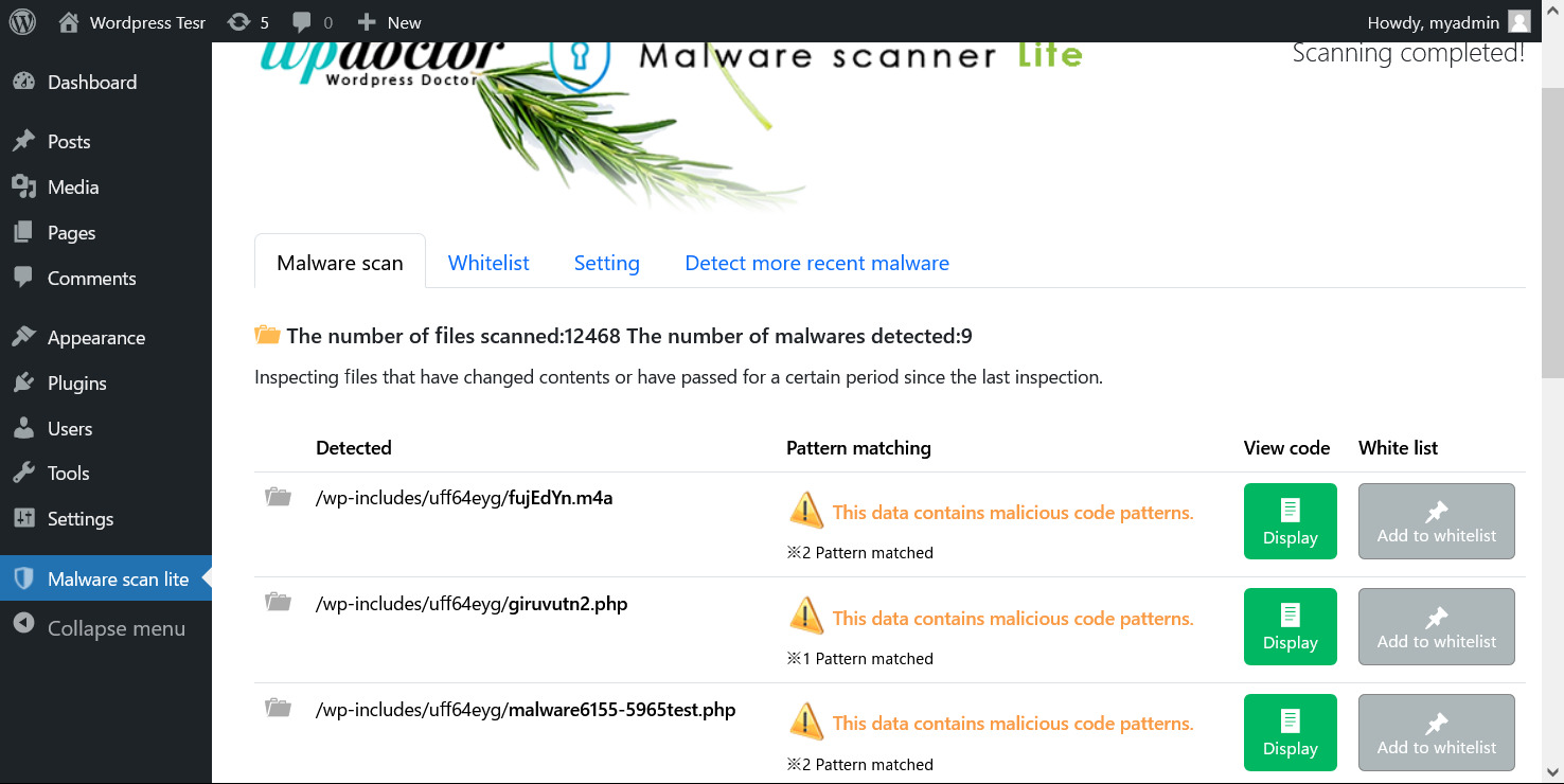 Detected malware can be viewed and deleted, or added to a whitelist.