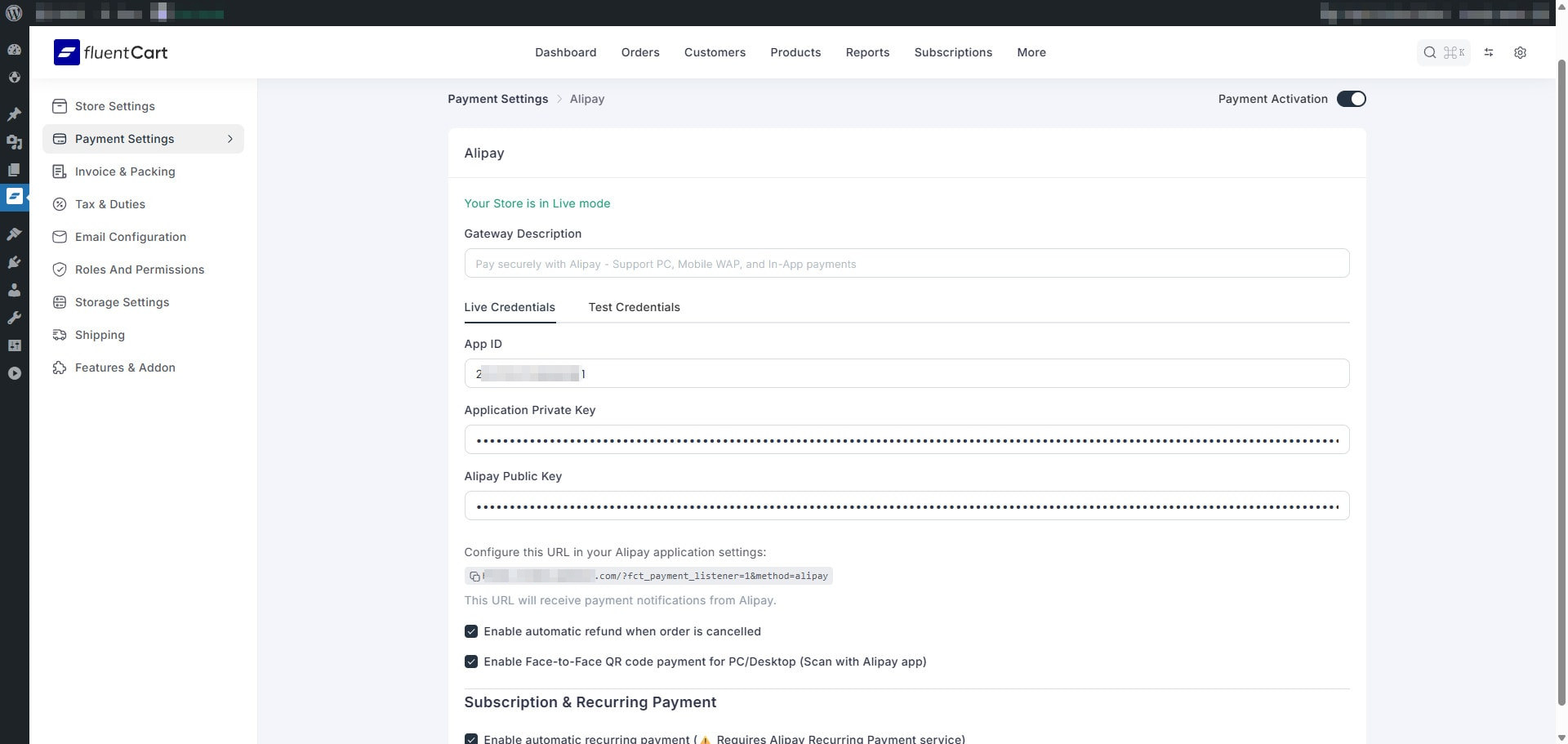 Alipay payment gateway settings page with all configuration options