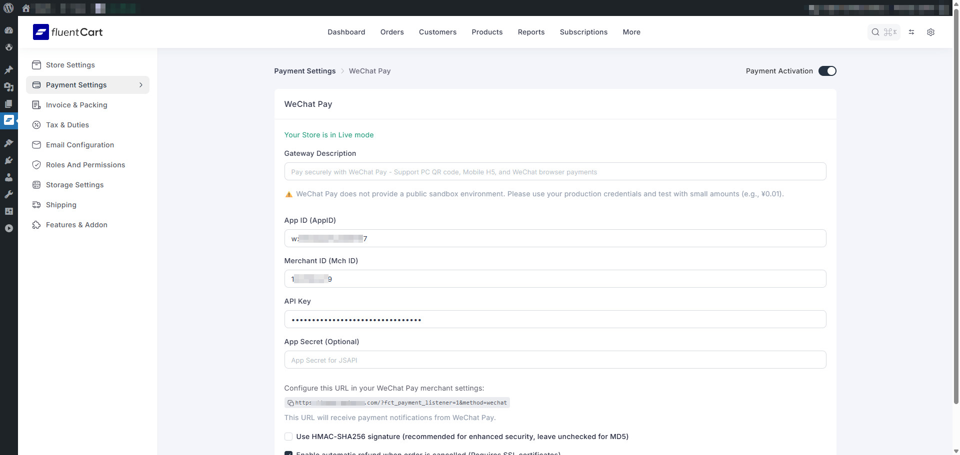 WeChat Pay payment gateway settings page