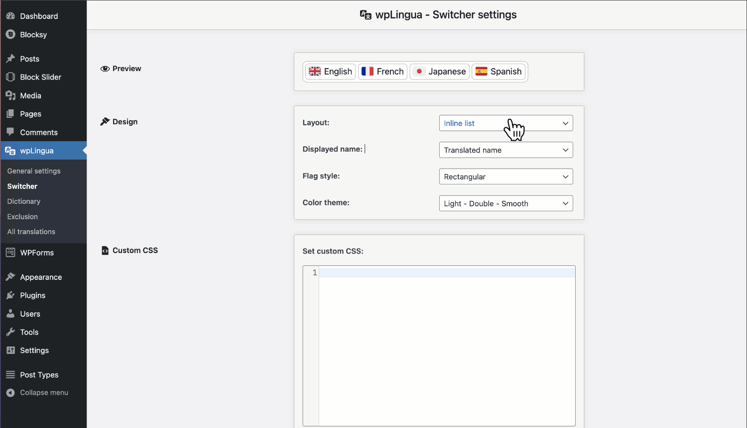 As soon as your API key has been registered, your site is multilingual. This option screen allows you to configure your languages and their flags, as well as activate the functionalities.