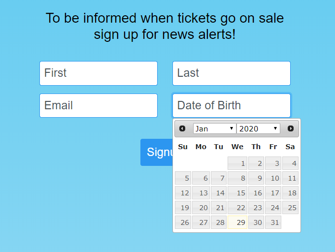 Example of jQuery datepicker for an LO date of birth field in WP